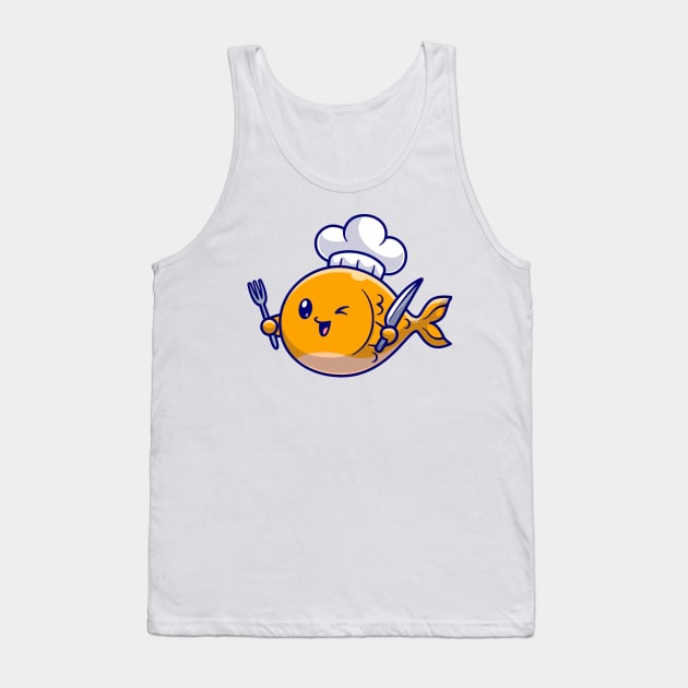 Cute Fish Chef With Fork And Knife Cartoon Tank Top by Catalyst Labs